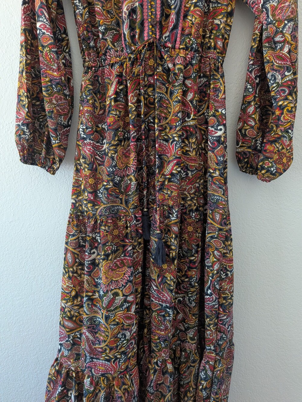 Boemo Anthropologie Boho Paisley Tiered Maxi Dress Long Sleeve Size S - Picture 5 of 10